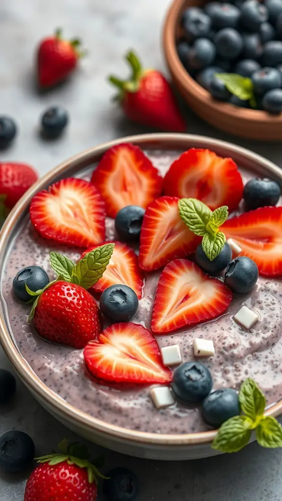 A bowl of berry chia seed pudding topped with sliced strawberries, blueberries, and mint leaves.