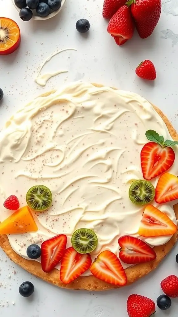 A colorful Rainbow Fruit Pizza topped with cream cheese frosting and various fruits like strawberries, blueberries, and kiwi.