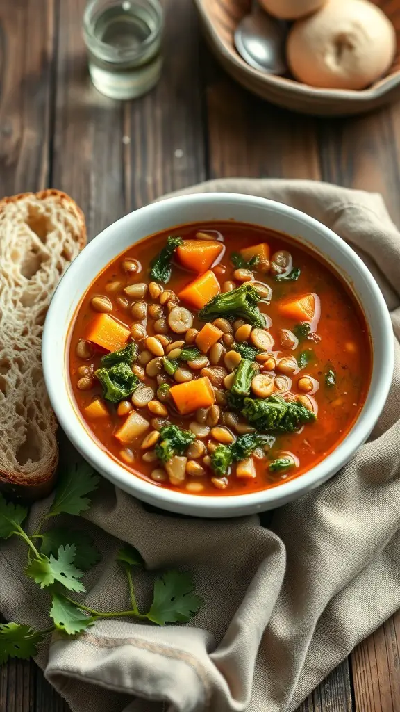 A bowl of lentil and kale stew with vegetables and a slice of bread on the side.