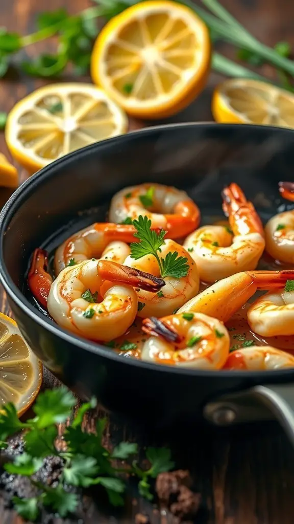 A pan of cooked shrimp garnished with parsley and lemon slices.