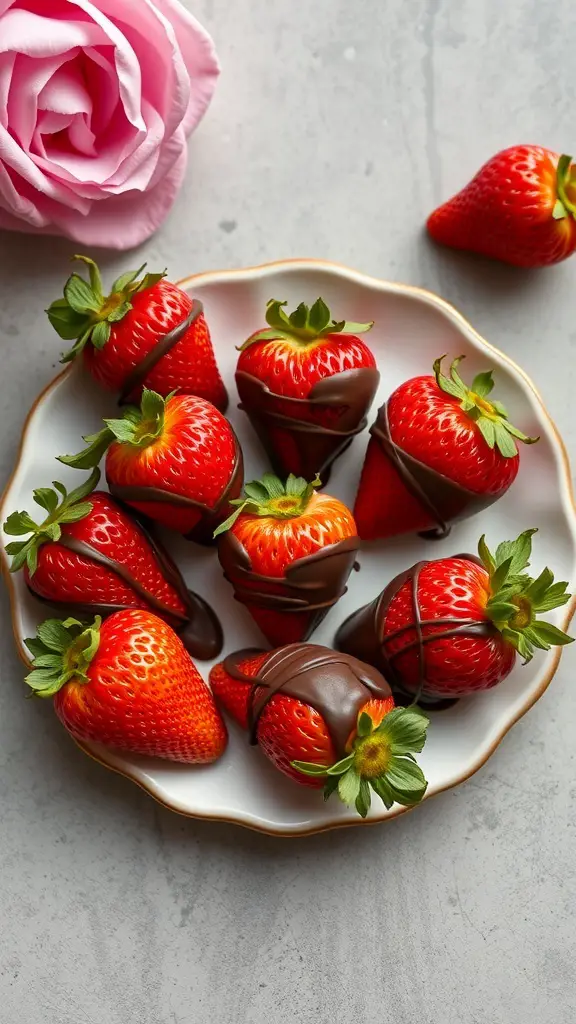 A plate of chocolate-dipped strawberries arranged beautifully, with a pink rose in the background.