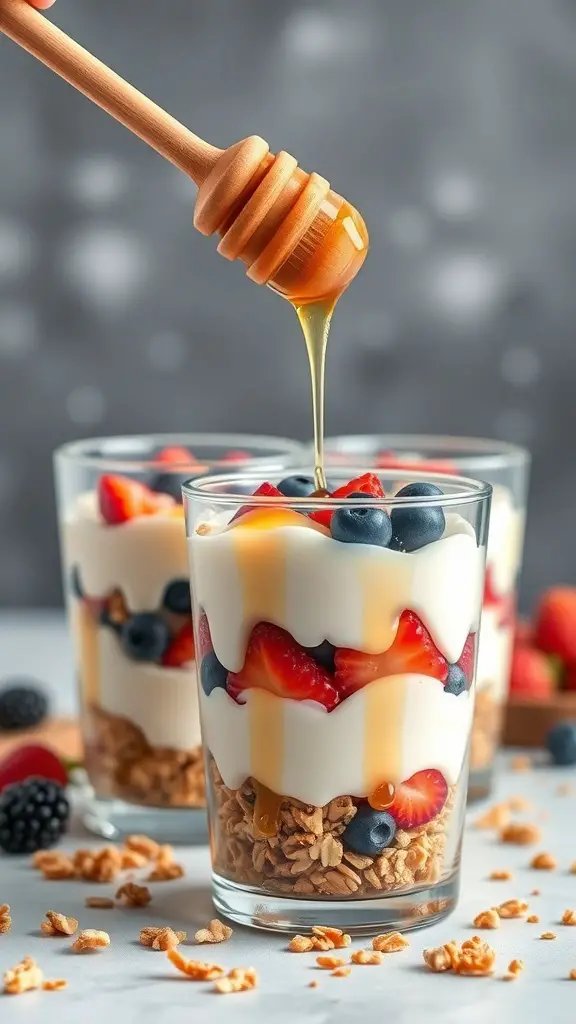 Yogurt parfaits with granola and berries, drizzled with honey