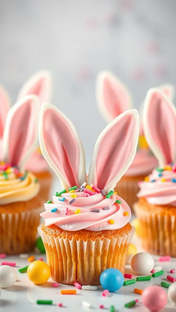 Cupcakes decorated with pink bunny ears and colorful sprinkles
