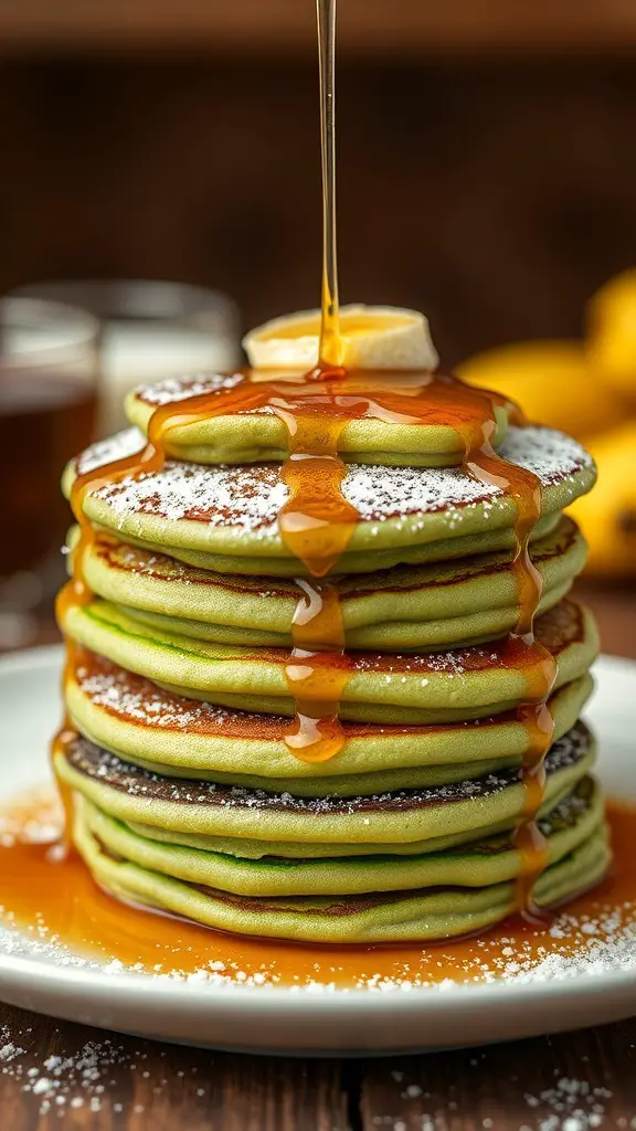 A stack of green pancakes drizzled with syrup and topped with a banana slice