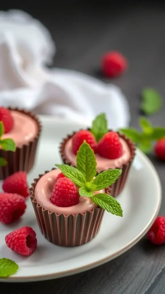 Chocolate cups filled with raspberry mousse, topped with fresh raspberries and mint leaves.
