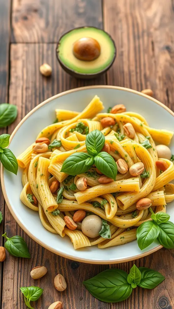 A bowl of creamy avocado and pesto pasta salad with nuts and fresh basil on a wooden table.