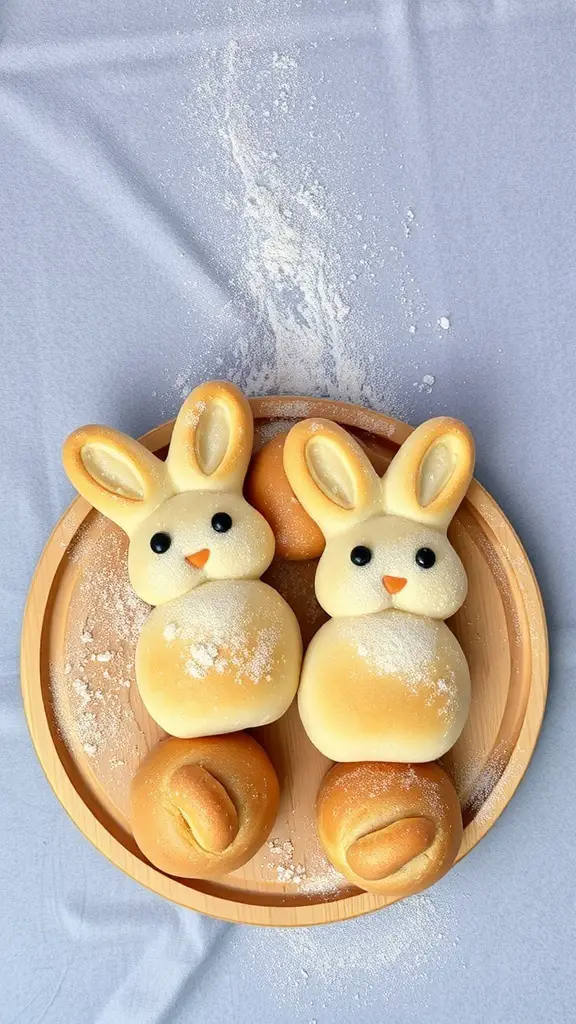 Two bunny-shaped bread rolls on a wooden plate, with a sprinkle of flour around them.
