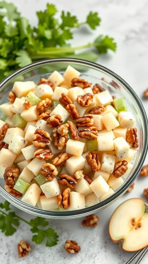 A bowl of Classic Waldorf Salad with diced apples, celery, and walnuts.