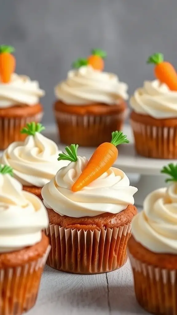 Carrot cake cupcakes with cream cheese frosting and small carrot decorations on top.