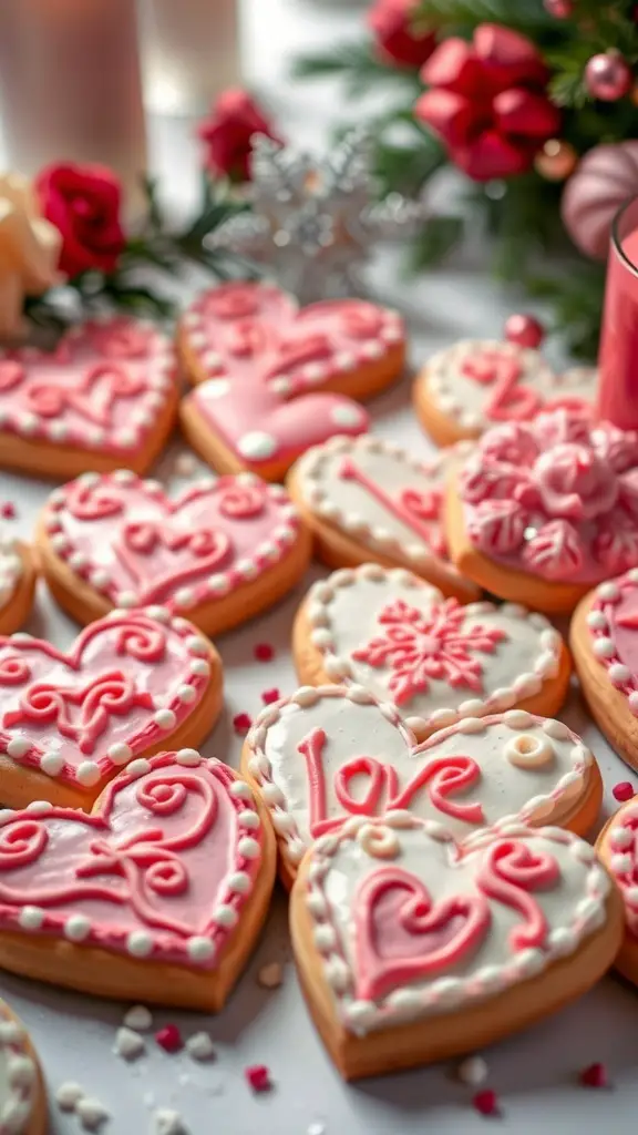 A collection of heart-shaped cookies decorated with royal icing in pink and white colors, featuring intricate designs and the word 'love.'