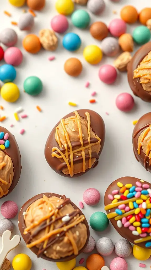 Peanut Butter Easter Eggs decorated with chocolate and colorful sprinkles