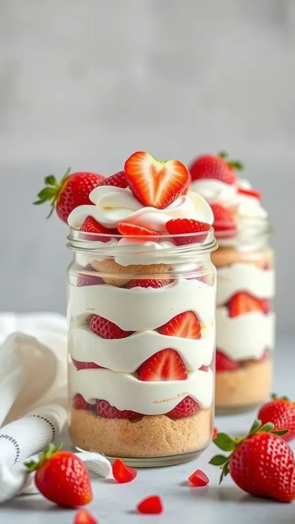 Two jars of strawberry shortcake with layers of cake, strawberries, and whipped cream, topped with heart-shaped strawberries.