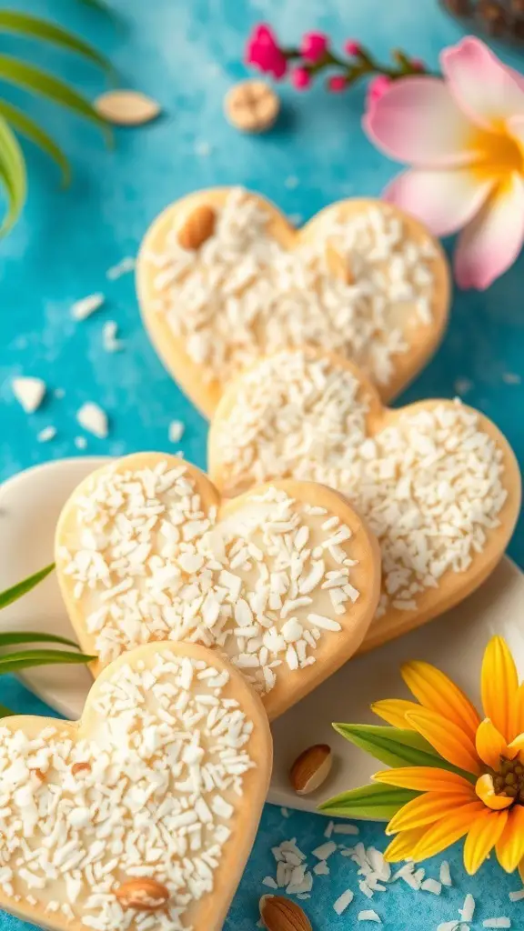 Heart-shaped cookies topped with shredded coconut and almonds on a colorful background