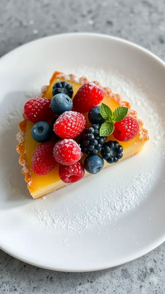 A slice of lemon tart topped with fresh berries on a white plate.