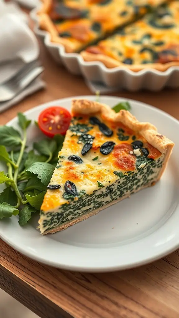 A slice of savory spinach and feta quiche on a plate with a side of greens and a cherry tomato.