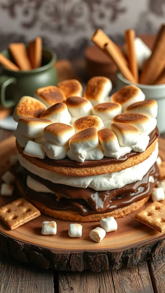 A delicious S'mores cake topped with toasted marshmallows and surrounded by graham crackers.