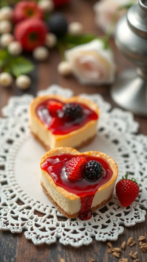 Heart-shaped cheesecakes topped with berry compote and fresh strawberries on a lace doily.