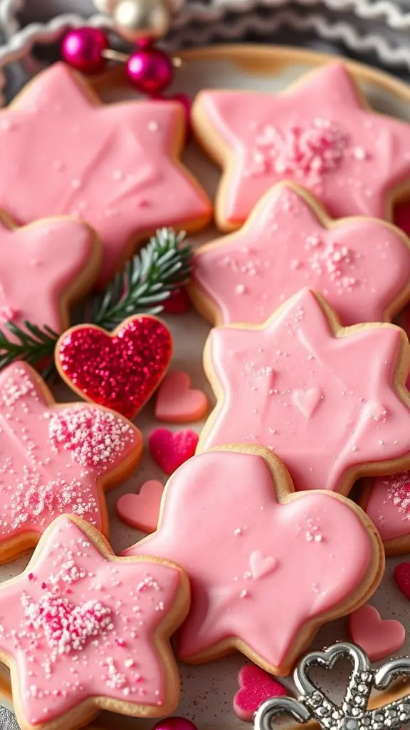 A plate of glittery pink sugar cookies in star and heart shapes, decorated with pink icing and sprinkles.