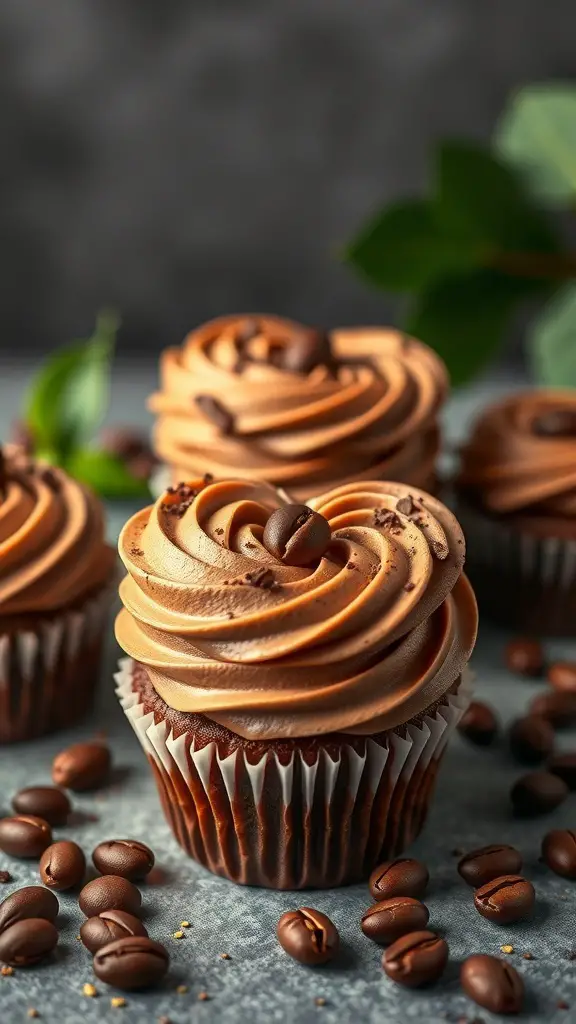 Heart-shaped coffee mocha cupcakes with chocolate frosting and coffee beans on top.