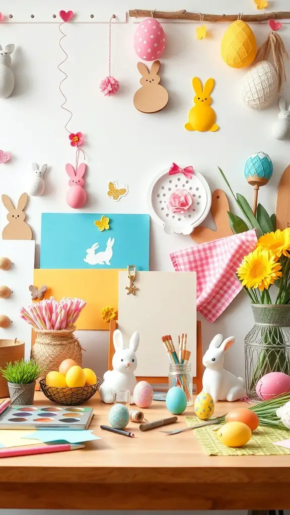 A colorful crafting workspace filled with Easter decorations and supplies.