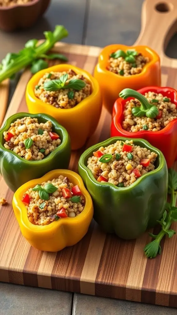 Colorful stuffed bell peppers filled with quinoa and vegetables on a wooden cutting board.