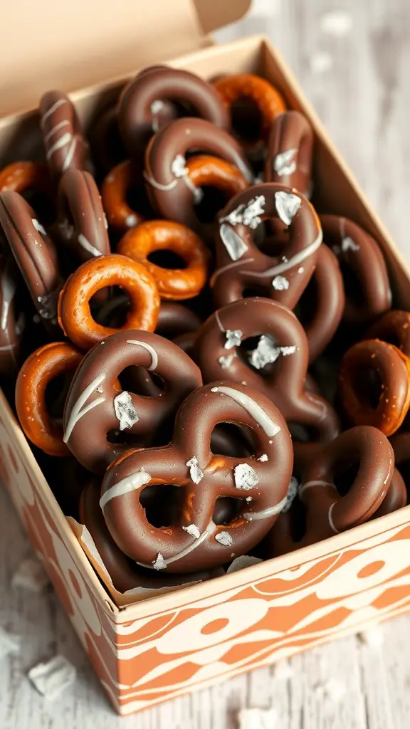 A box filled with chocolate-covered pretzels, showcasing a mix of chocolate-dipped and caramel-coated pretzels.