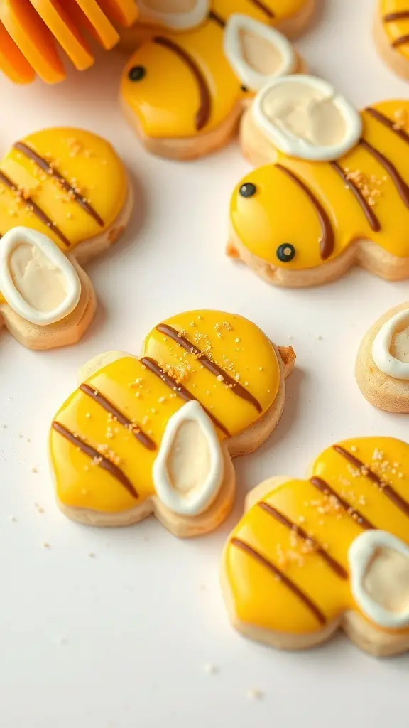 Honey Bee Cookies decorated with royal icing, featuring bright yellow icing, black stripes, and cute eyes.