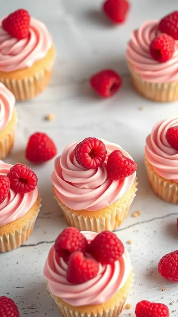 Heart-shaped vanilla bean cupcakes topped with pink raspberry frosting and fresh raspberries.