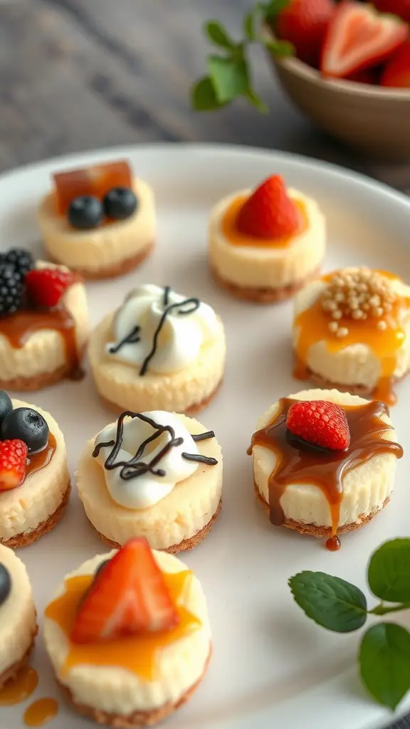A plate of mini cheesecake bites with various toppings like berries, chocolate, and caramel.