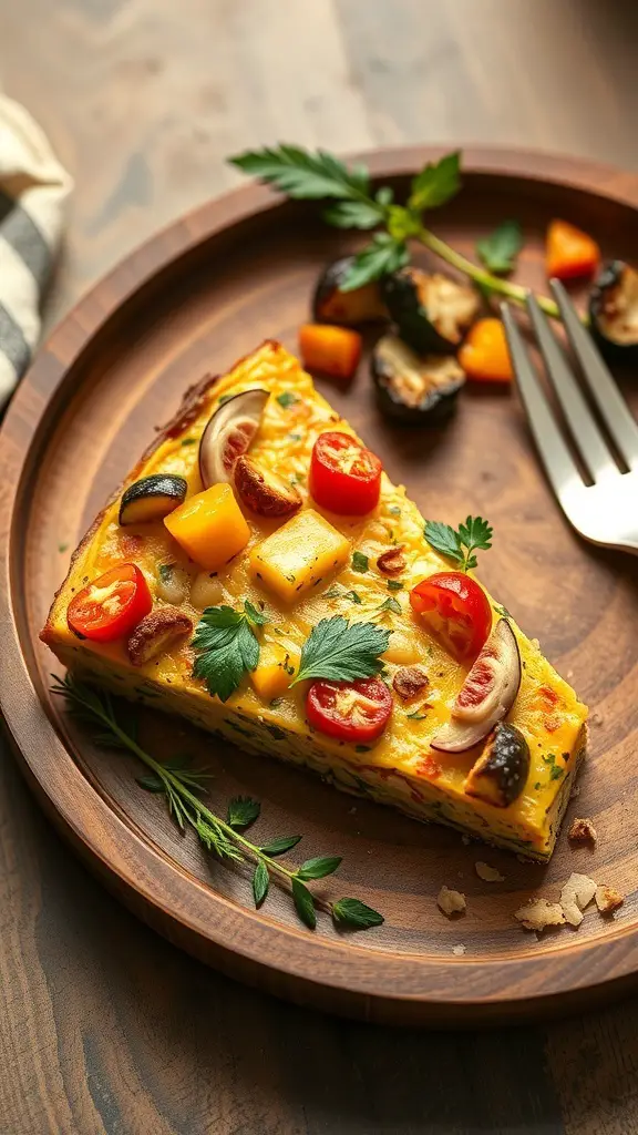 A slice of herbed frittata with seasonal vegetables on a wooden plate, garnished with fresh herbs.