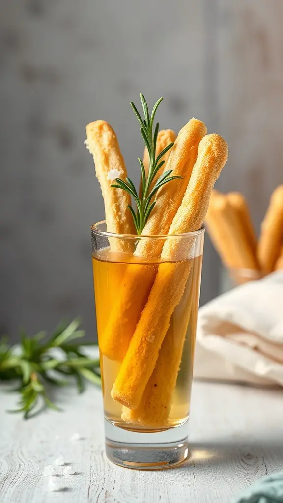 Rosemary and sea salt olive oil breadsticks in a glass