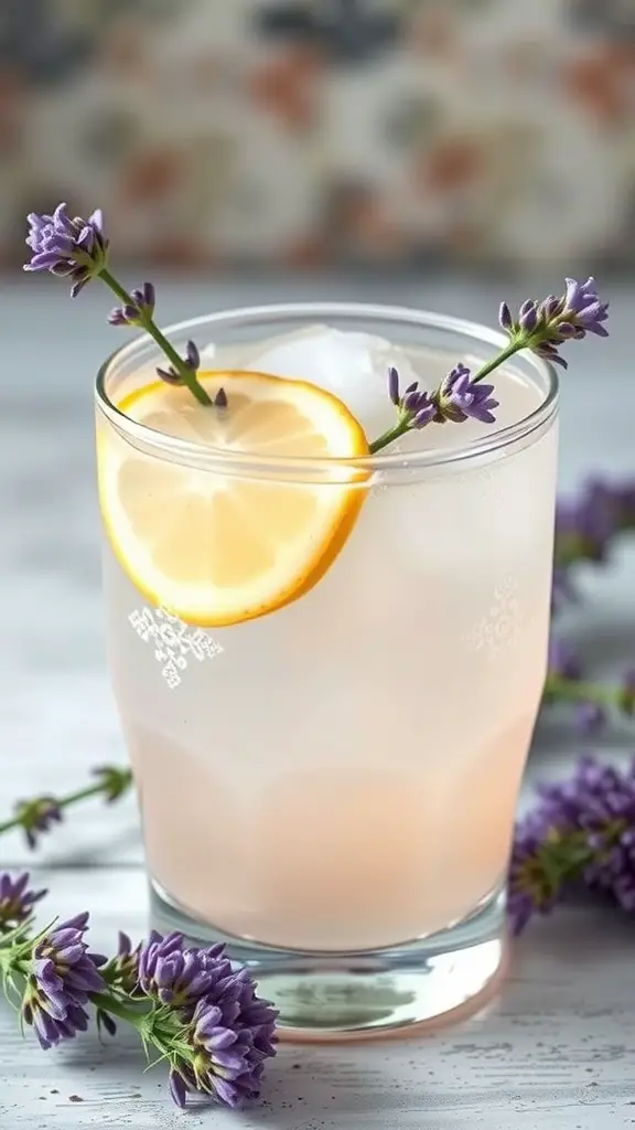 A glass of lavender lemonade garnished with a lemon slice and lavender sprigs