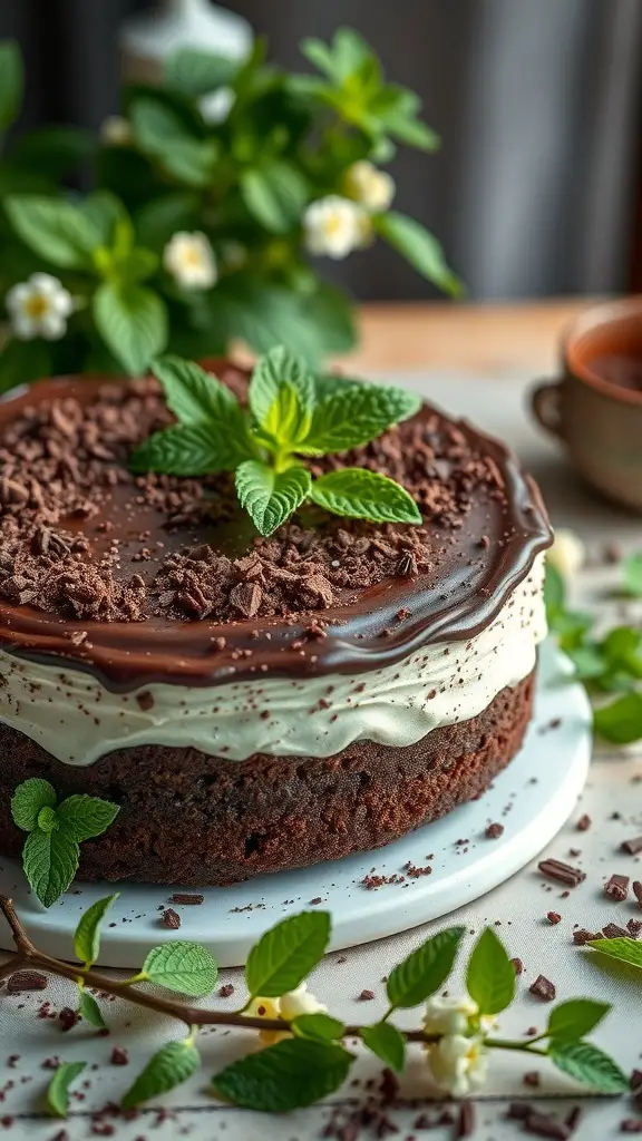 A delicious Chocolate Mint Cake topped with chocolate ganache and fresh mint leaves.
