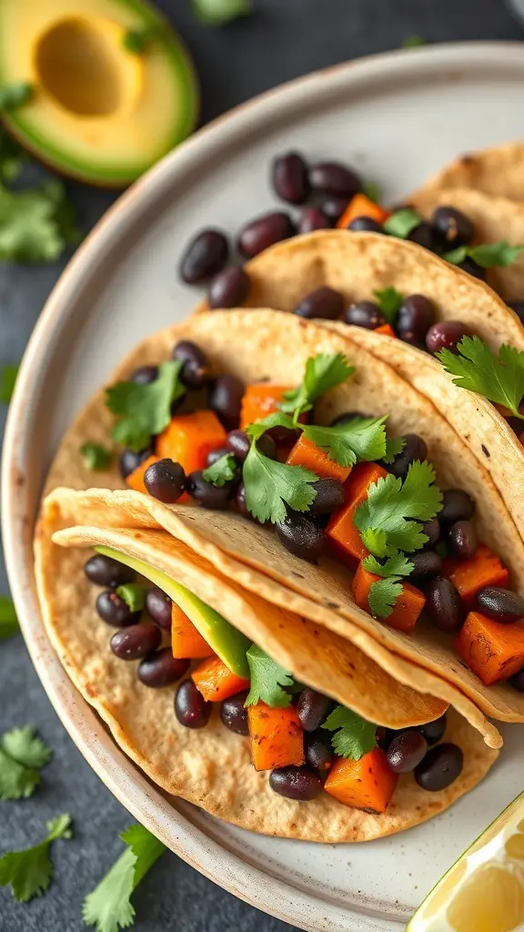 Sweet potato and black bean tacos with cilantro and avocado on a plate