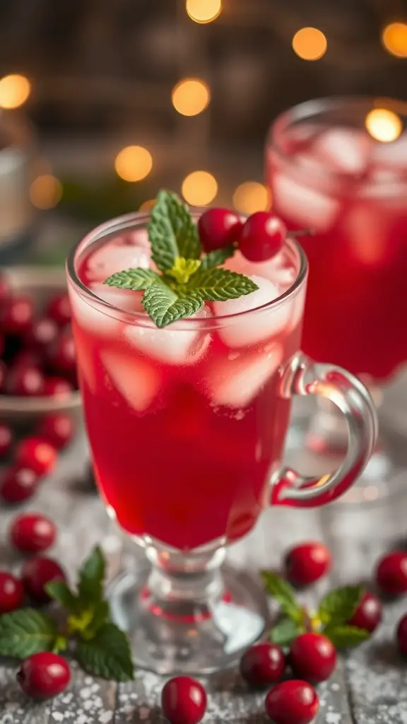 Two glasses of Cupid's Cranberry Fizz with ice, garnished with mint and cranberries, set against a softly lit background.