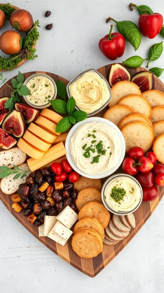 A heart-shaped charcuterie board featuring various gourmet spreads and dips, including creamy cheeses, hummus, and fresh vegetables.