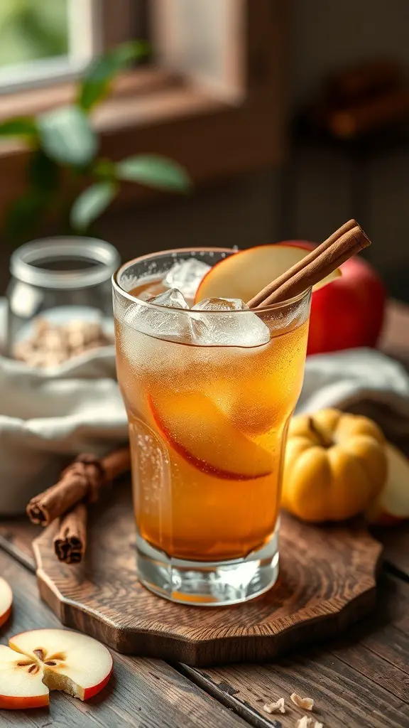 A refreshing Apple Cinnamon Sparkler mocktail with apple slices and a cinnamon stick.