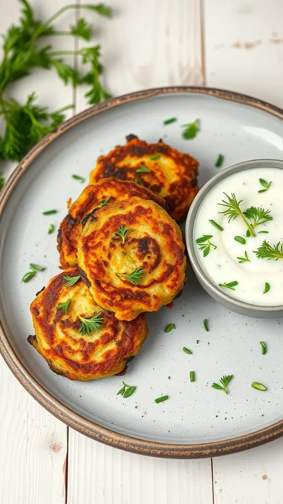 Plate of zucchini fritters with tzatziki sauce garnished with herbs