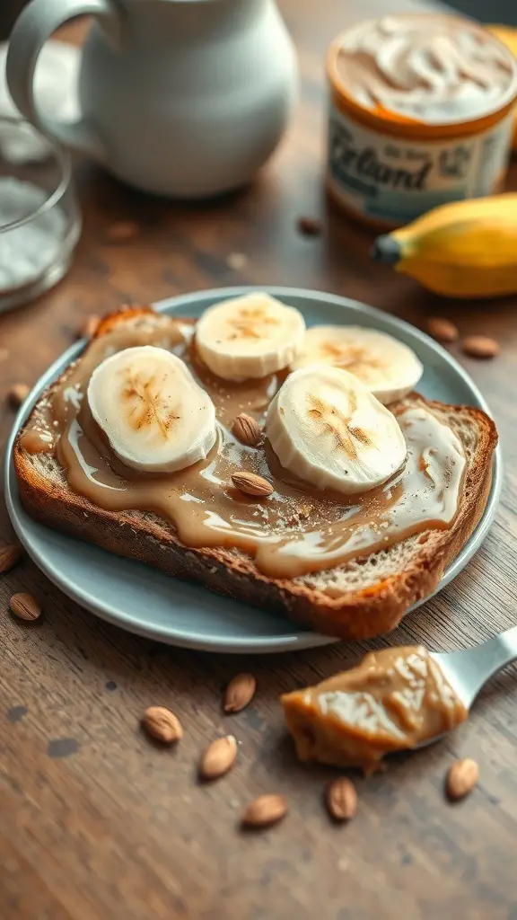 A plate with whole wheat toast topped with almond butter and banana slices, surrounded by almonds and a banana.