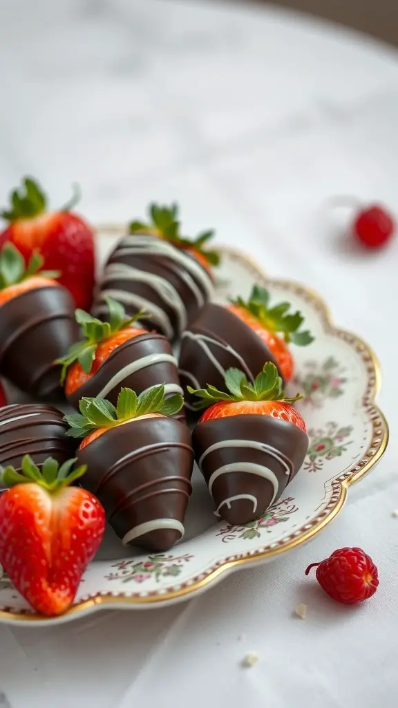 A plate of chocolate-covered strawberries with decorative white chocolate drizzle.