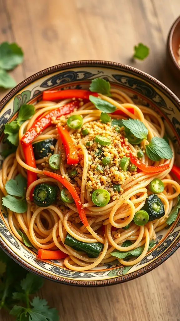 A bowl of Asian Sesame Noodle Salad with colorful vegetables and noodles