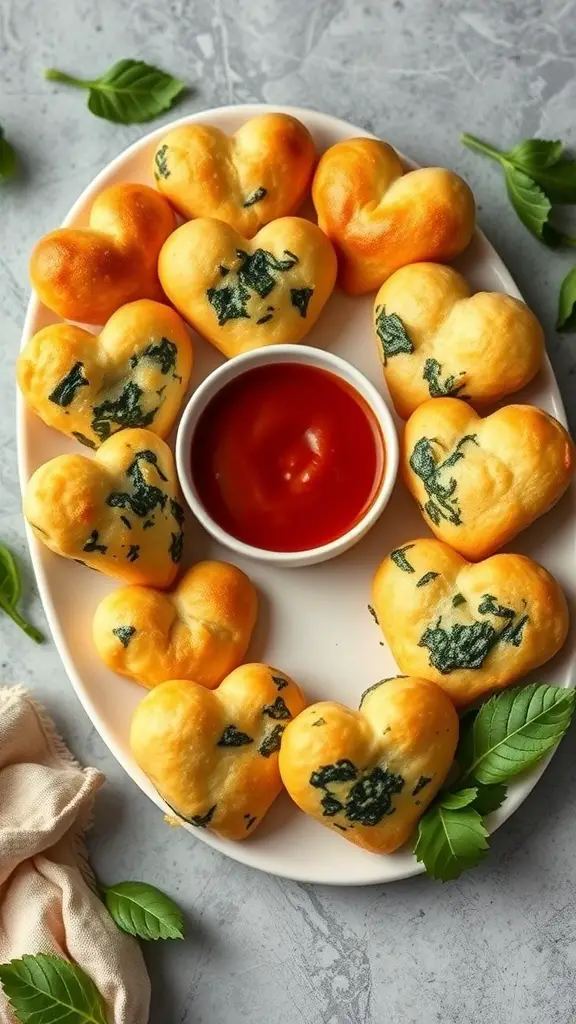 A plate of heart-shaped spinach puffs with a bowl of dipping sauce