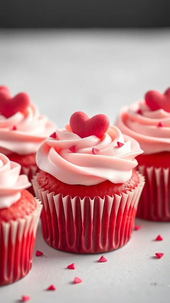 Pink velvet cupcakes with cream cheese frosting and heart-shaped decorations