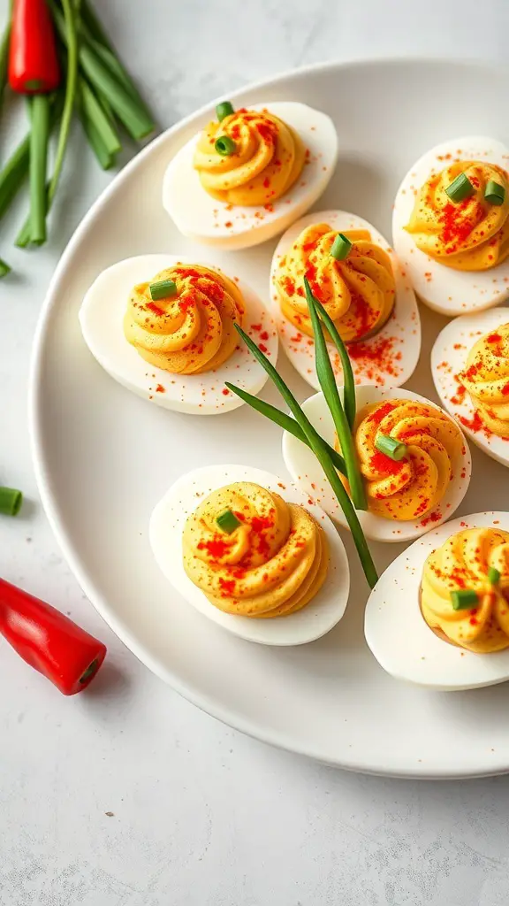 A plate of deviled eggs topped with creamy filling, paprika, and green onions.