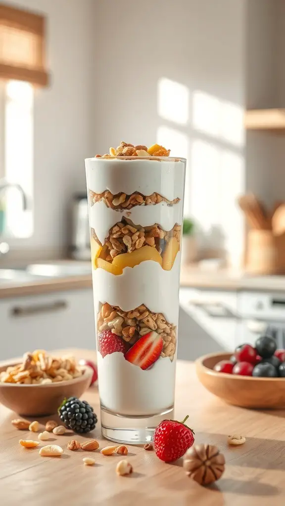 A tall glass of Greek yogurt parfait layered with nuts and fruits, surrounded by bowls of nuts and berries.