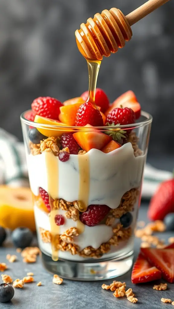A delicious Greek yogurt parfait with honey and granola, topped with fresh fruits.