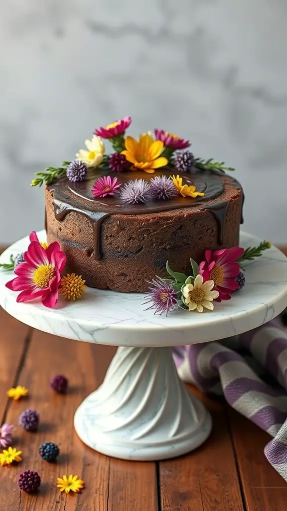 A beautifully decorated wildflower chocolate cake with colorful flowers on top, displayed on a marble cake stand.