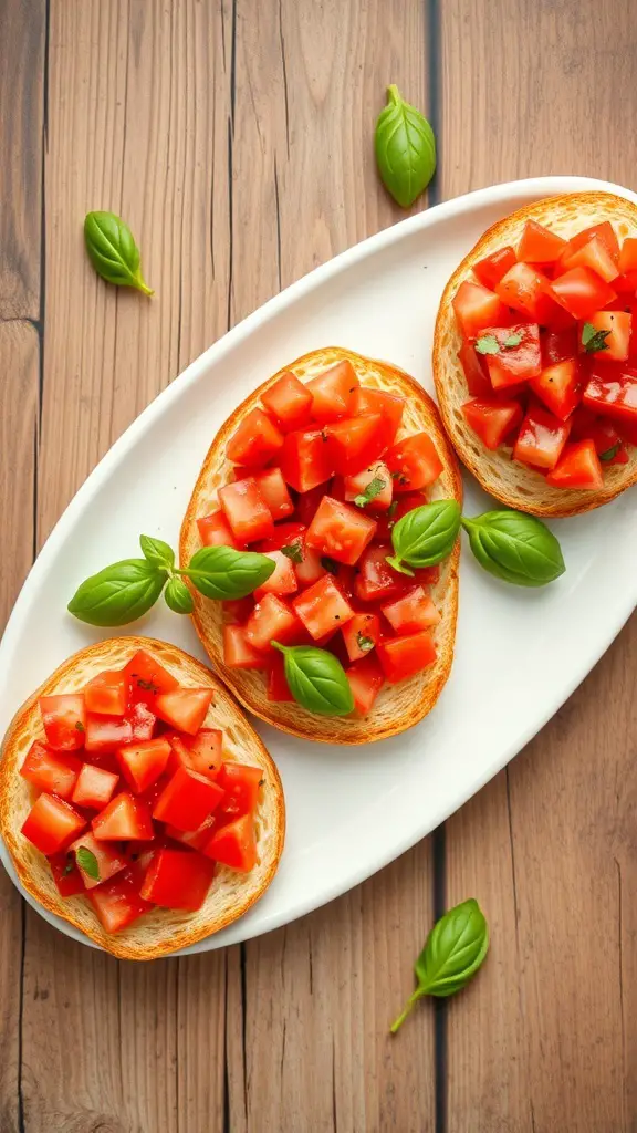 Three slices of bruschetta topped with diced tomatoes and basil on a white plate.