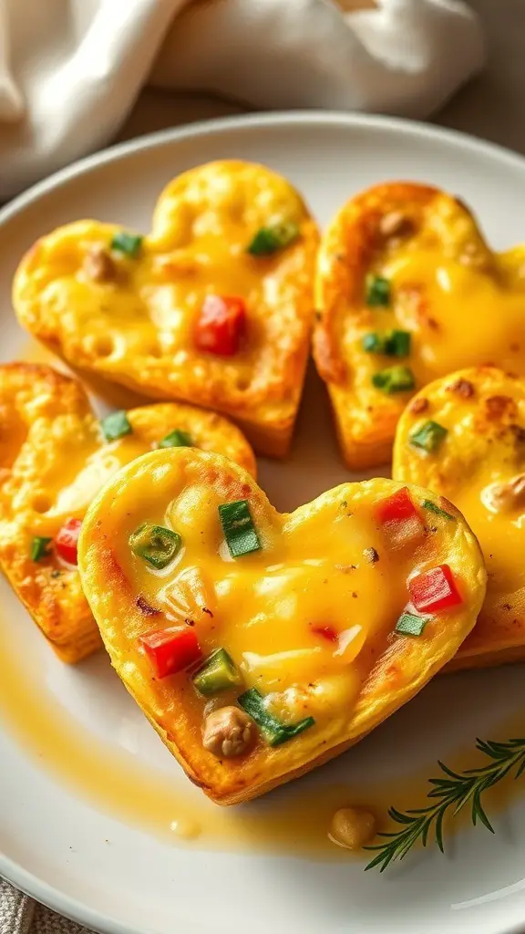 Heart-shaped egg muffins with cheese and colorful vegetables on a plate.