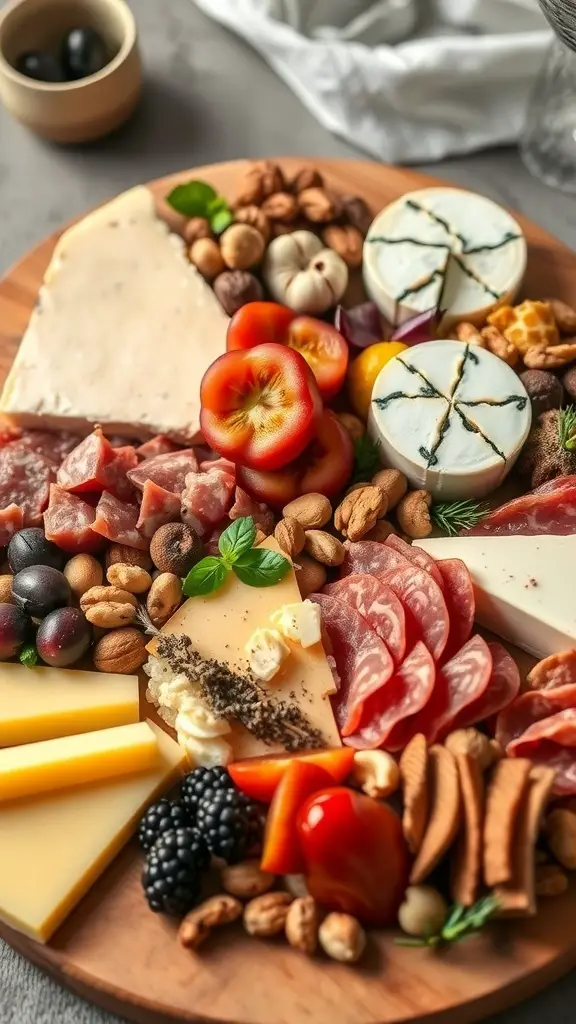 A beautifully arranged cheese and charcuterie board featuring various cheeses, cured meats, nuts, and fresh fruits.